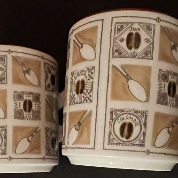 World Coffee Bean Spoon Pattern France Porcelain Gold Rim Coffee Mugs - Picture 9 of 12